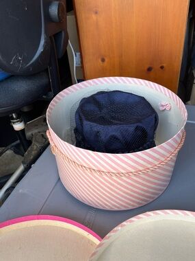 Pink Striped Round Hat Box with Rope Handle